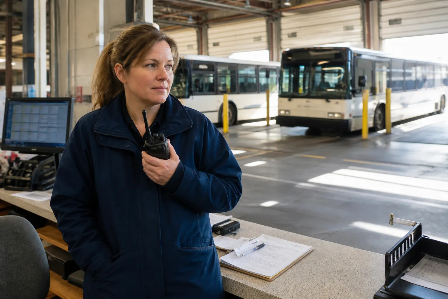 A transit operator in a generic dark uniform at the controls of a modern bus in a bright garage, with no system name, city name or crest on the vehicle or clothing.