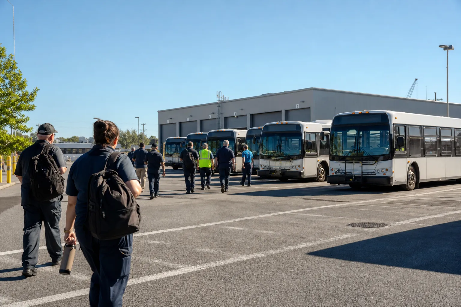 Generic transit buses lined in a bright garage with operators and maintenance staff in unmarked uniforms, with no system name or city lettering on the vehicles.