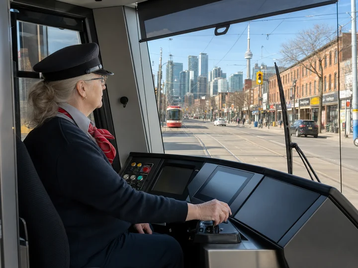 A Toronto streetcar operator driving through the city.