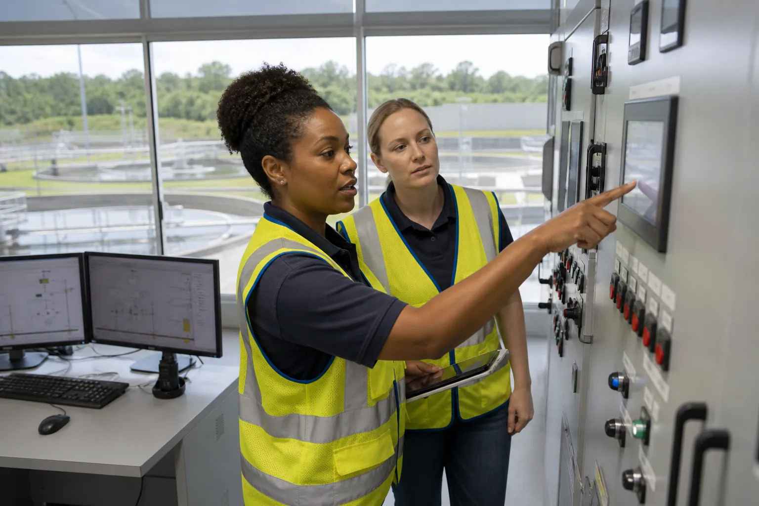 Two utility workers in generic high-visibility clothing reviewing a panel in a bright, unmarked control room or plant, with no utility company logo or city name.