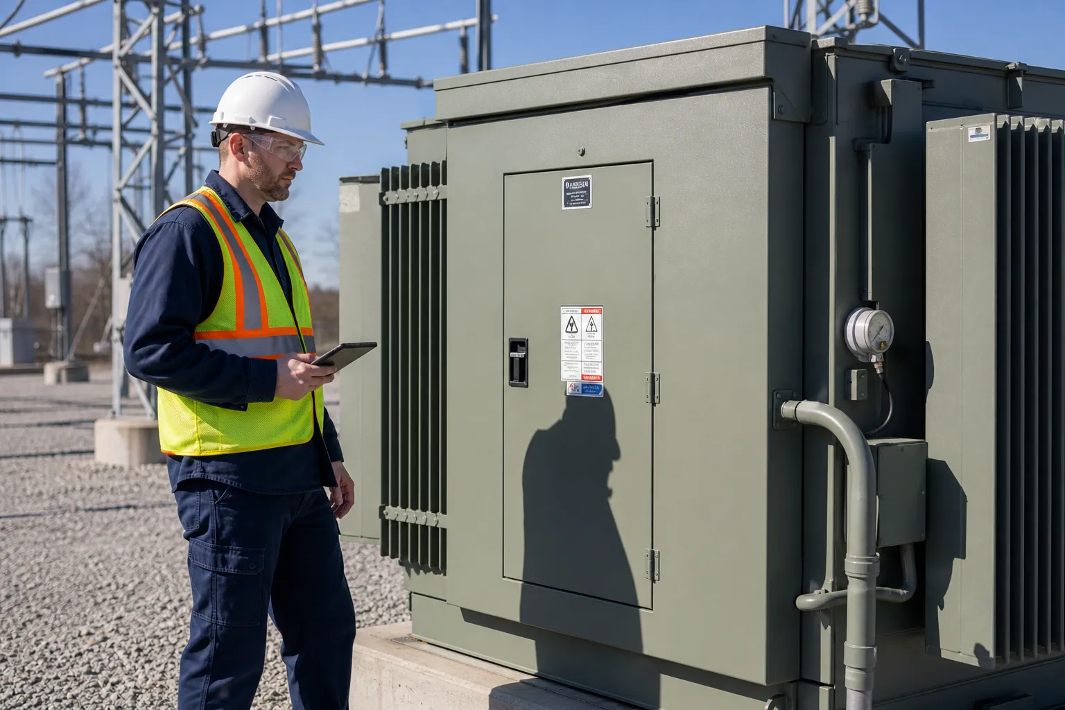 A utility worker in generic high-visibility clothing and a plain hard hat at a bright outdoor substation or treatment-plant walkway, with no company name, city name or crest on the clothing or equipment.