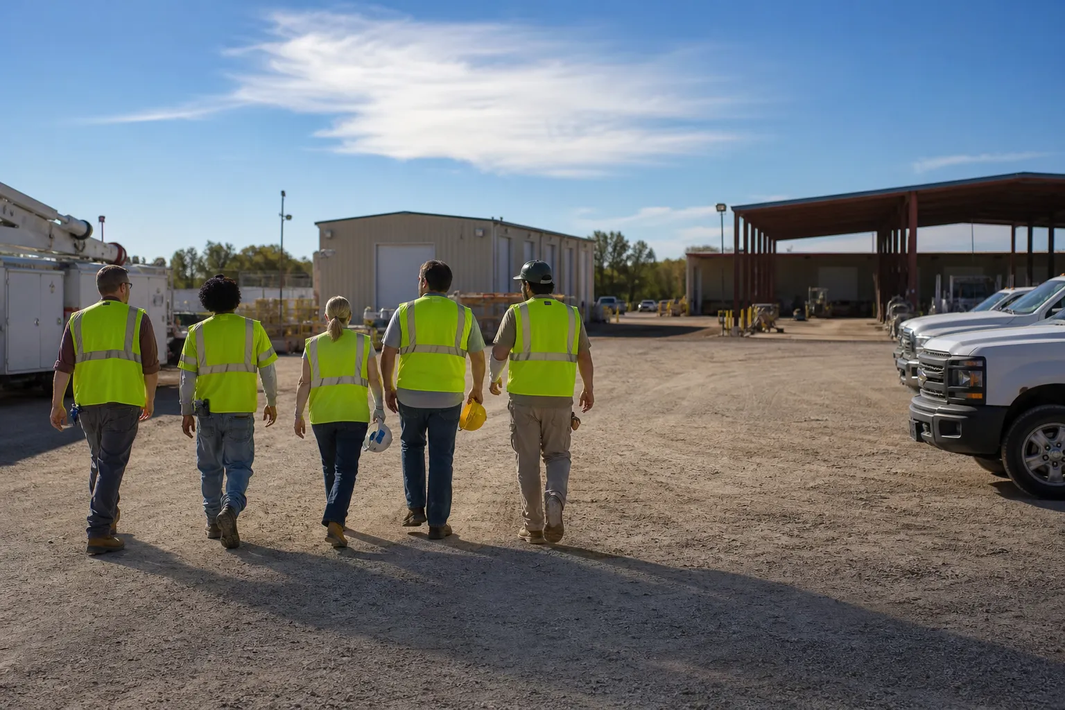 Utility crews in generic high-visibility clothing and plain hard hats at a bright plant or yard, with no company name, city name or crest on vehicles or clothing.