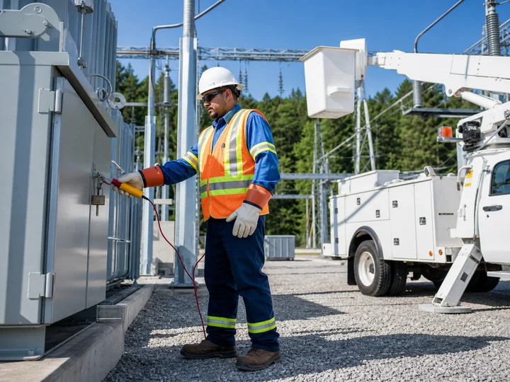 A hydro lineworker inspecting equipment at an electrical substation.