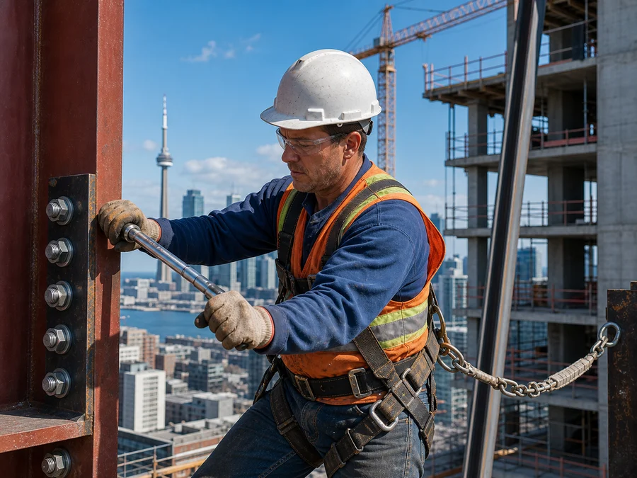An ironworker bolting a structural-steel connection on an urban jobsite.