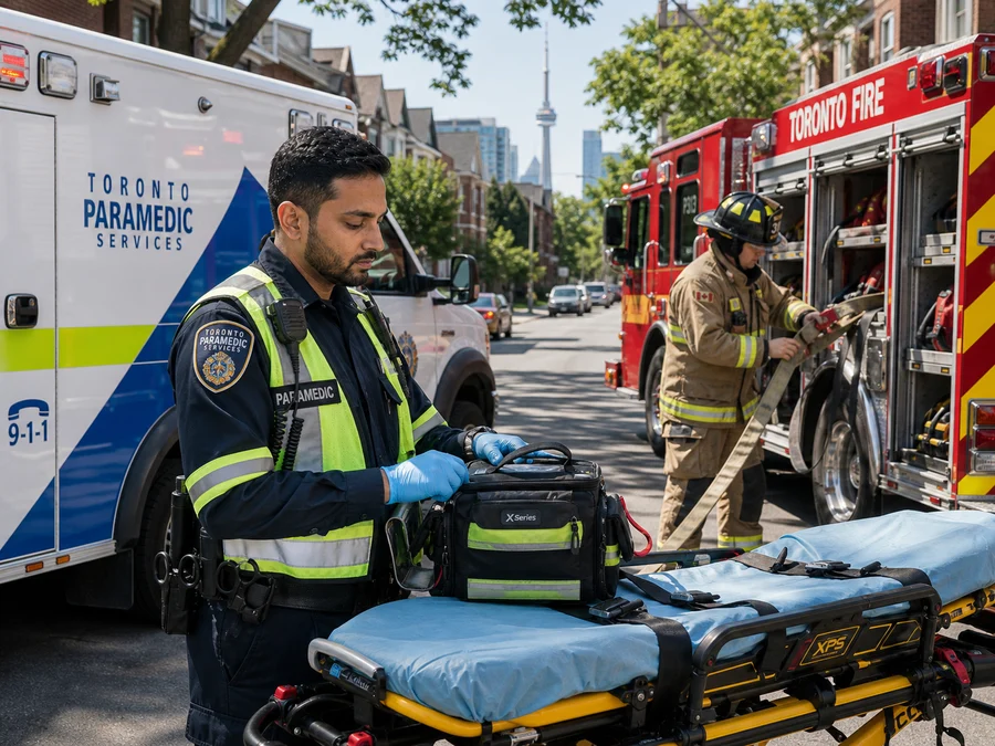 Toronto paramedics and firefighters preparing equipment together at an emergency scene.