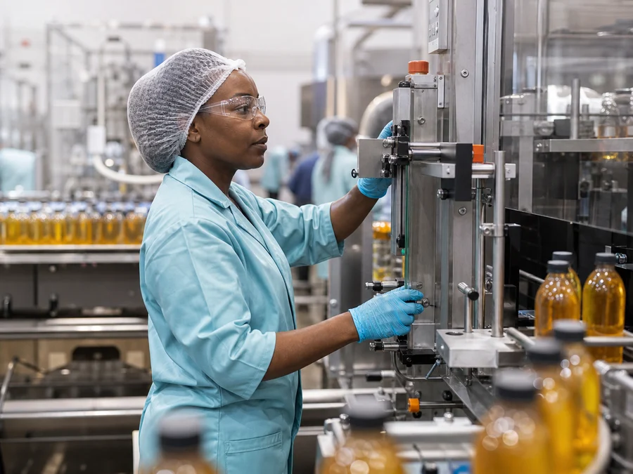 A food-production worker checking equipment on a bottling line.