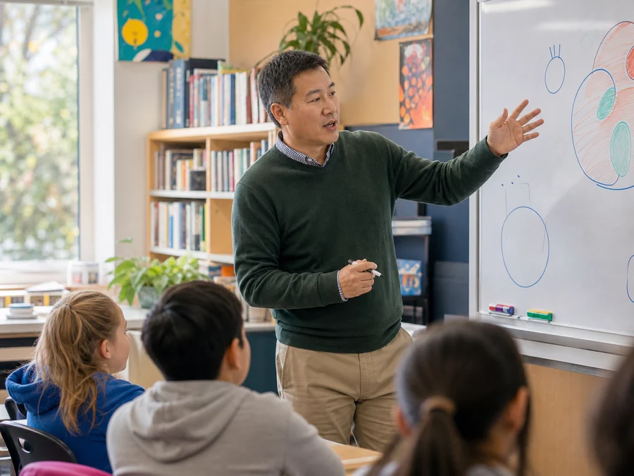 A public-school teacher leading a classroom lesson.