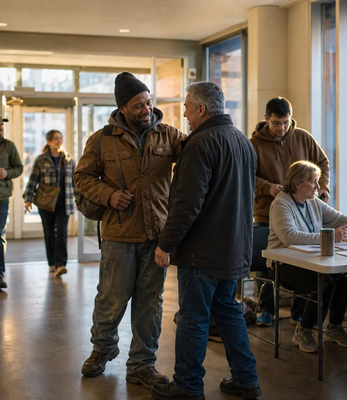 Union members arriving for an evening education session at a community hall.