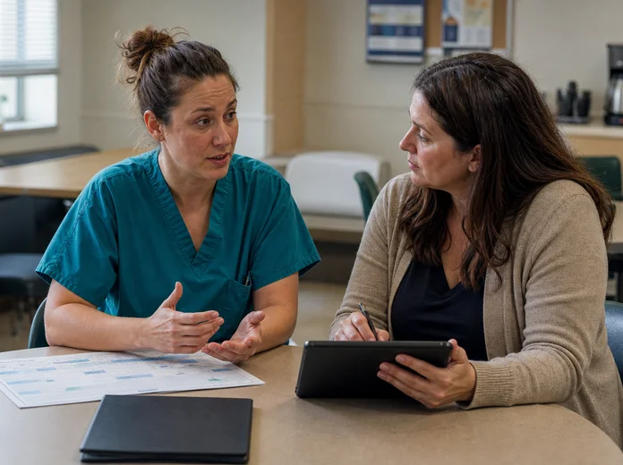 A healthcare worker discusses a scheduling concern with a union representative.