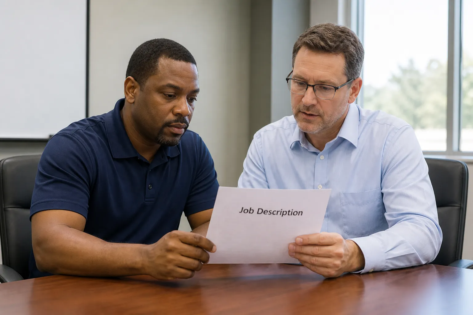 A steward and a professional member reviewing a job-description printout at a bright meeting table in an unbranded office.