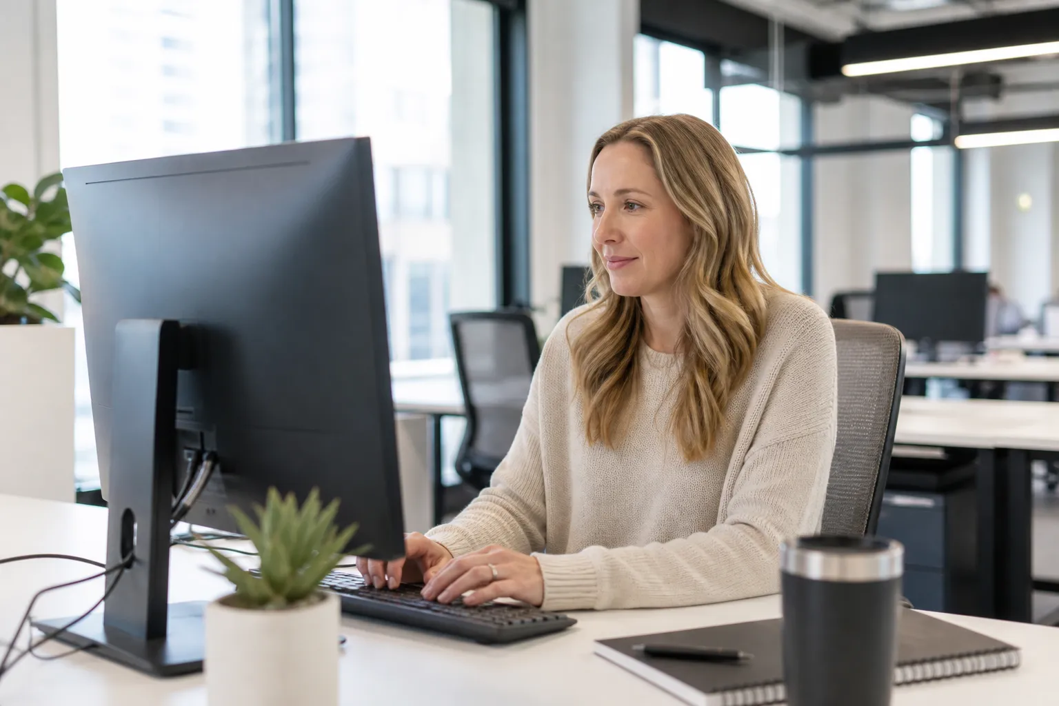 Diverse administrative and professional employees at bright workstations in an unbranded open office, no employer logos on screens.