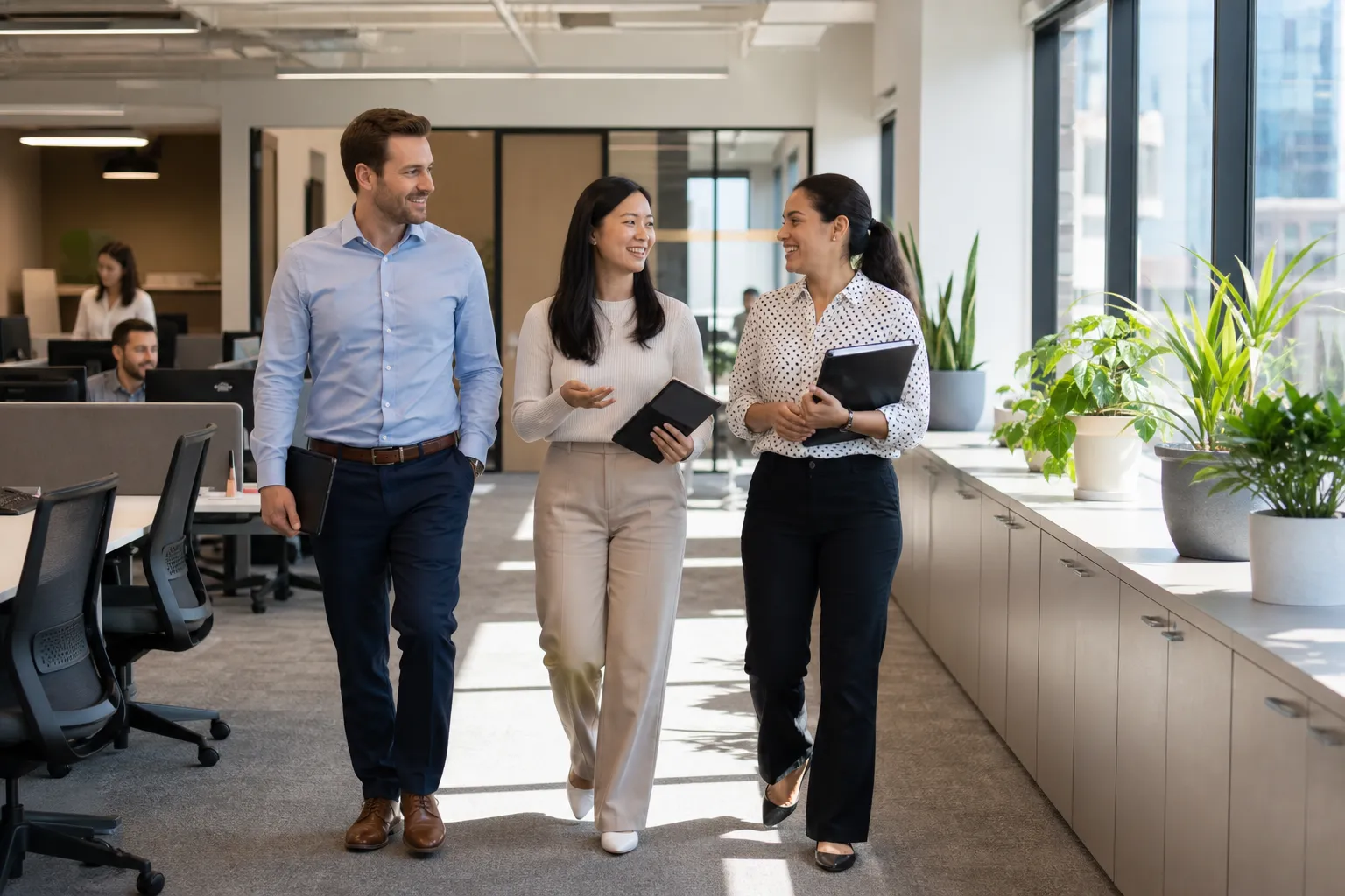 A bright, unbranded office floor with diverse professional and administrative members at desks and a small meeting table.