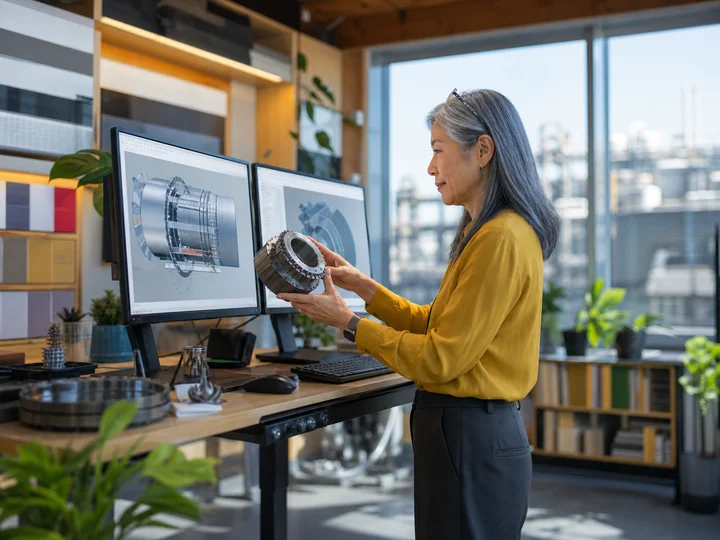 A technical professional reviewing project information at a digital workstation.