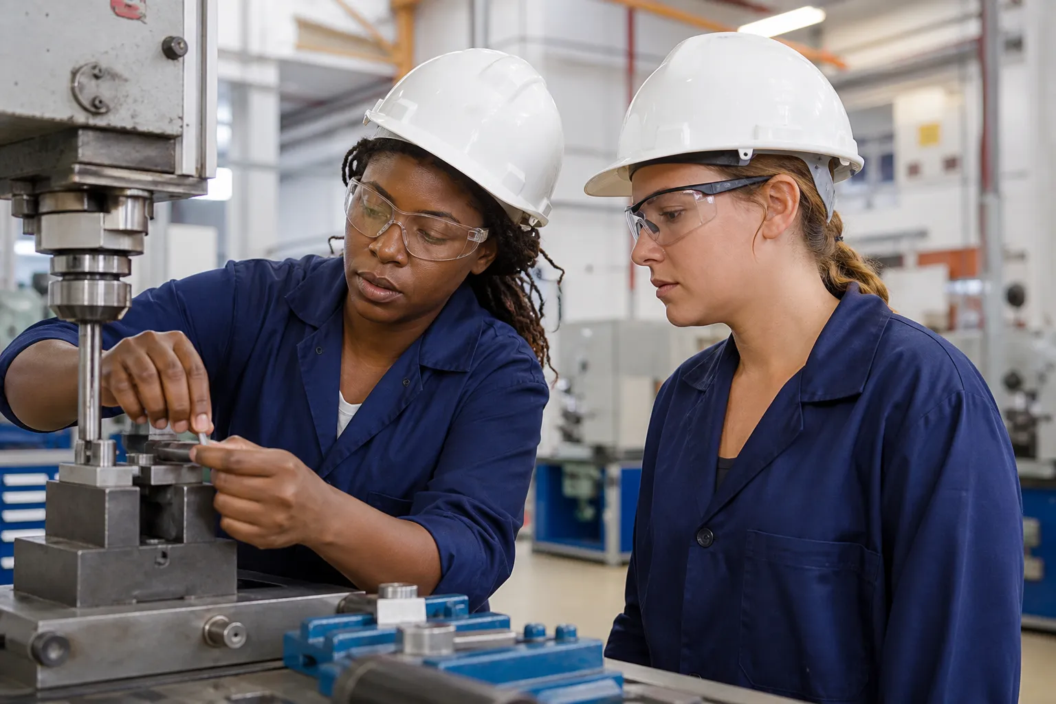 Diverse skilled-trades members in a bright, unbranded automotive shop inspecting a generic fixture, wearing hard hats and safety glasses.