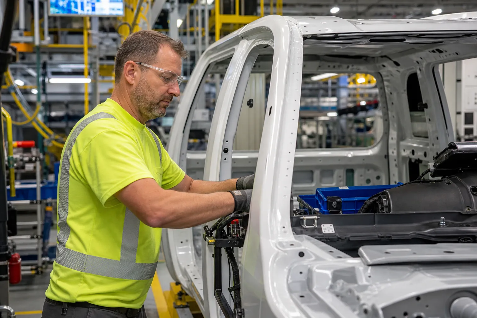 Diverse assembly workers in high-visibility vests and safety glasses at a bright, generic vehicle-assembly station with no manufacturer branding.
