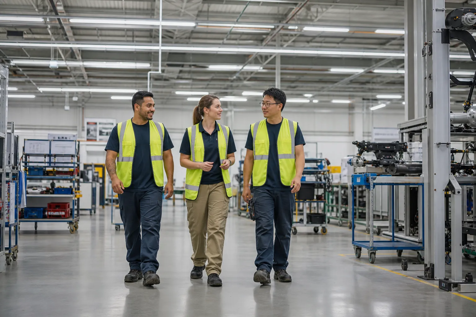 A bright assembly hall with diverse production and trades members beside a generic, unbranded vehicle body.