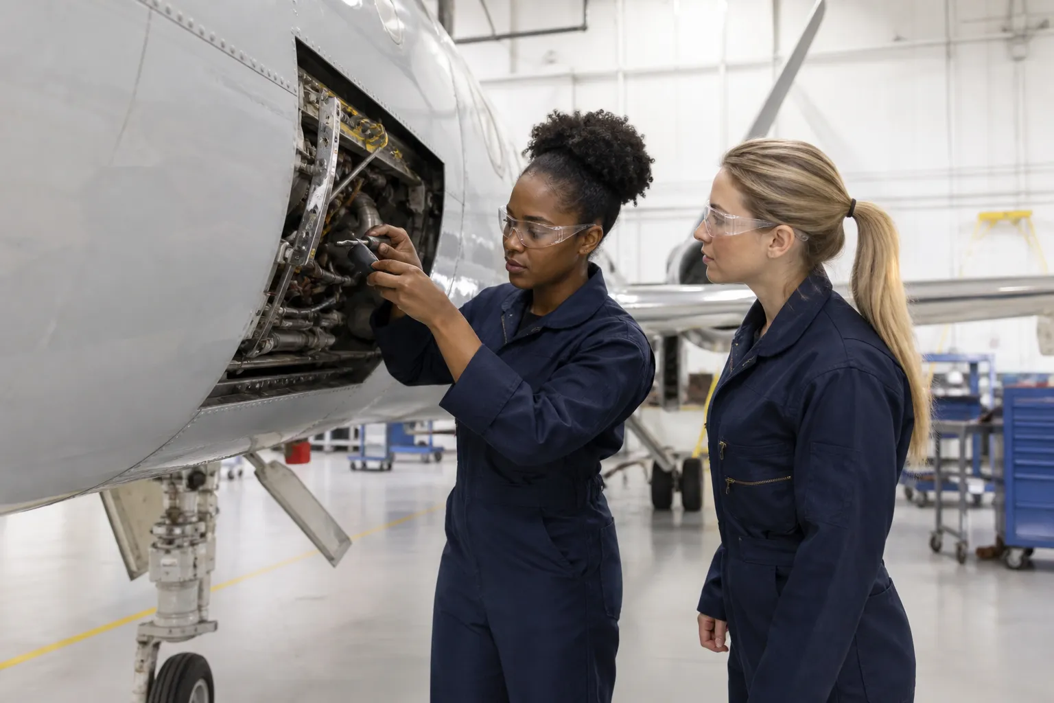Diverse aircraft-maintenance members inspecting a generic, unbranded airframe in a bright hangar, wearing coveralls and hearing protection.