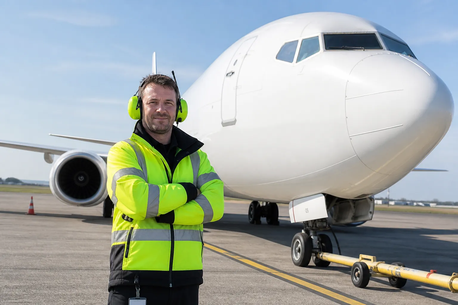 Diverse ramp workers in high-visibility jackets standing beside a generic, unbranded aircraft in bright daylight, no airline livery.