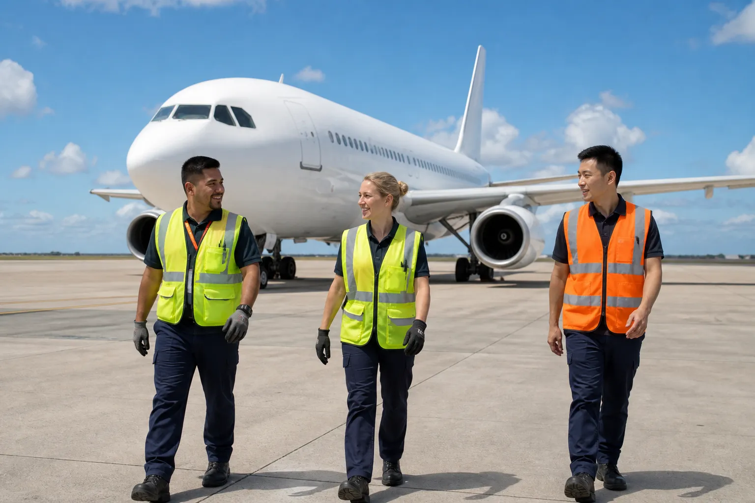 A bright airport ramp with diverse ground staff around a generic, unbranded aircraft, no airline or airport logos.