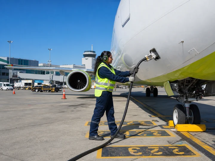 An airport ramp worker connecting ground equipment beside an aircraft.