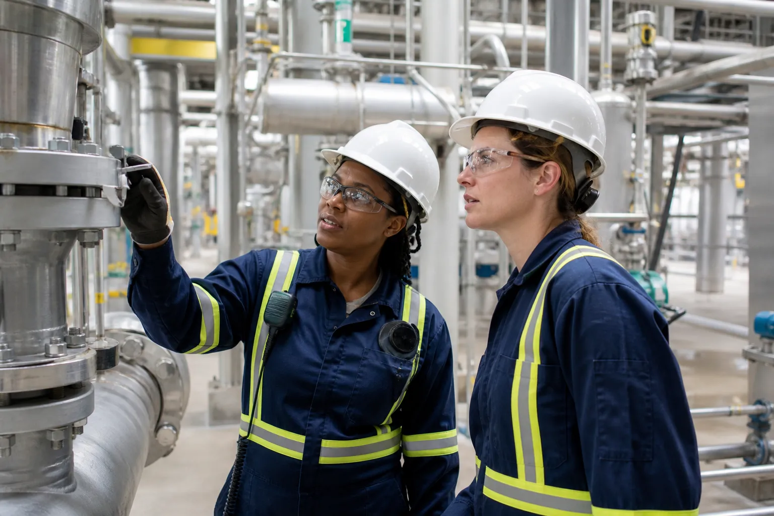 Diverse skilled-trades members in flame-resistant clothing inspecting generic industrial piping in a bright, unbranded process area.