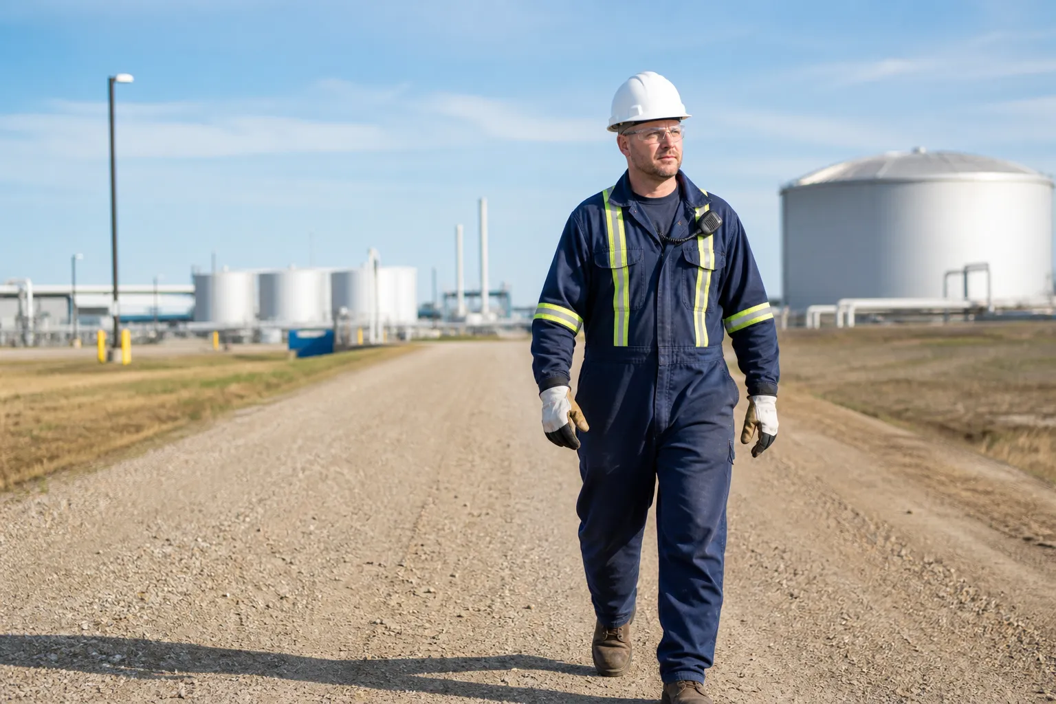 Diverse industrial workers in hard hats, flame-resistant clothing and safety glasses walking a bright, unbranded energy-site access road.