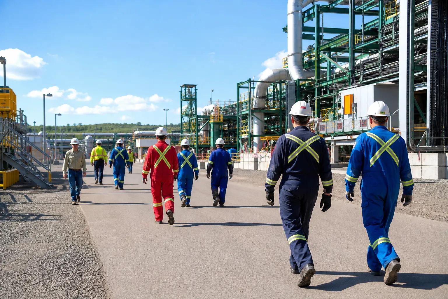 A bright industrial site with diverse workers in flame-resistant clothing and hard hats near generic, unbranded process equipment.