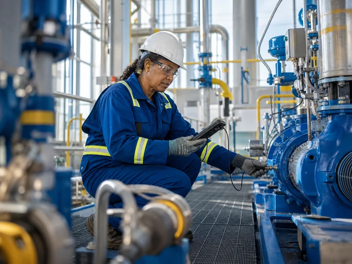 An industrial operator inspecting equipment in an energy facility.