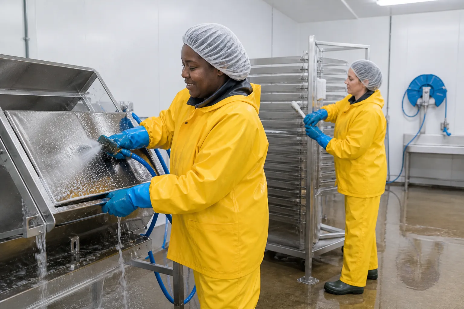 Diverse sanitation crew in waterproof gear preparing a brightly lit processing room after a shift, no employer logos.