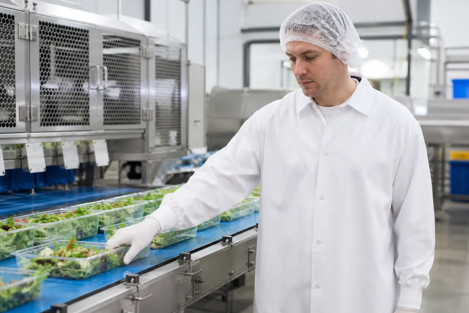 Diverse food-processing workers in hairnets, smocks and gloves standing at a bright, generic packaging line with no plant branding.