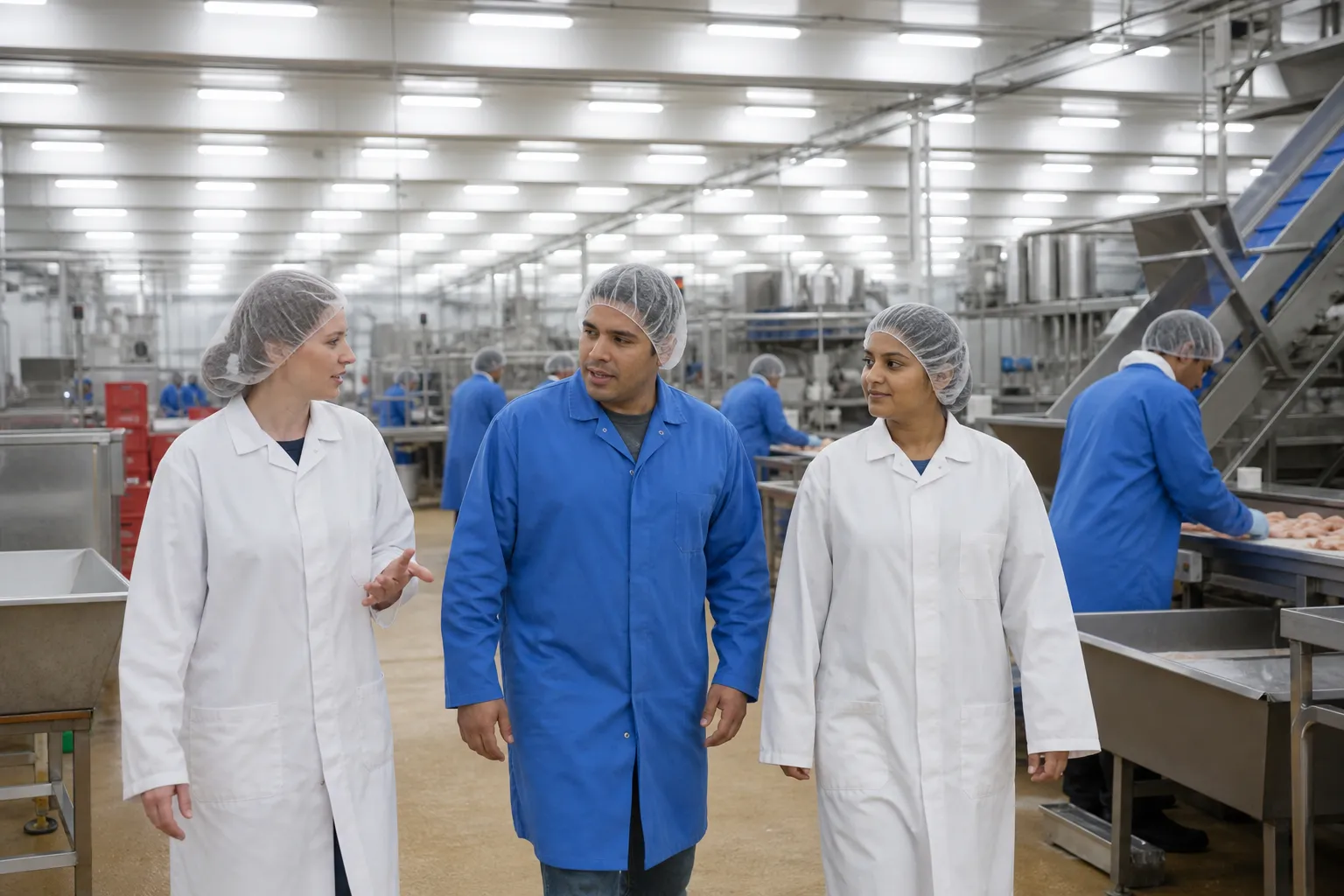 A bright, clean processing floor with diverse members in hairnets and smocks at a generic line, no company marks.