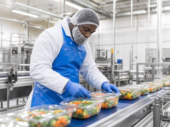 A food-processing worker checking packaged products on a production line.