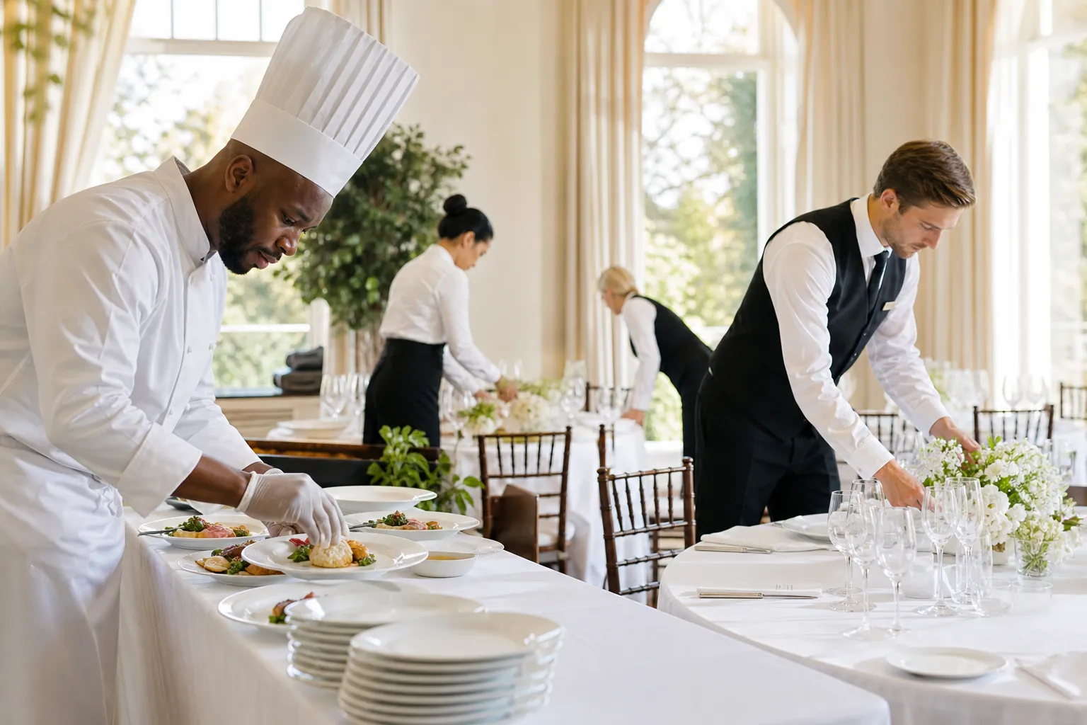 Diverse banquet and kitchen workers setting a brightly lit function room with generic tables and plain service ware.