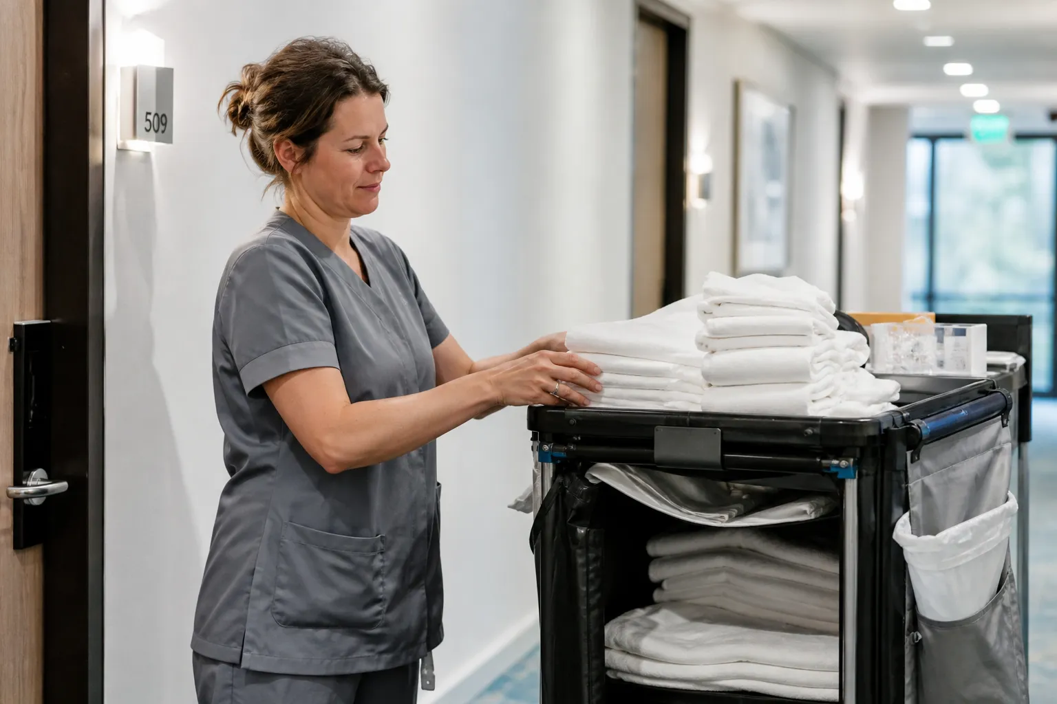Diverse hotel housekeepers in plain uniforms preparing a bright guest-floor linen cart, no property branding.