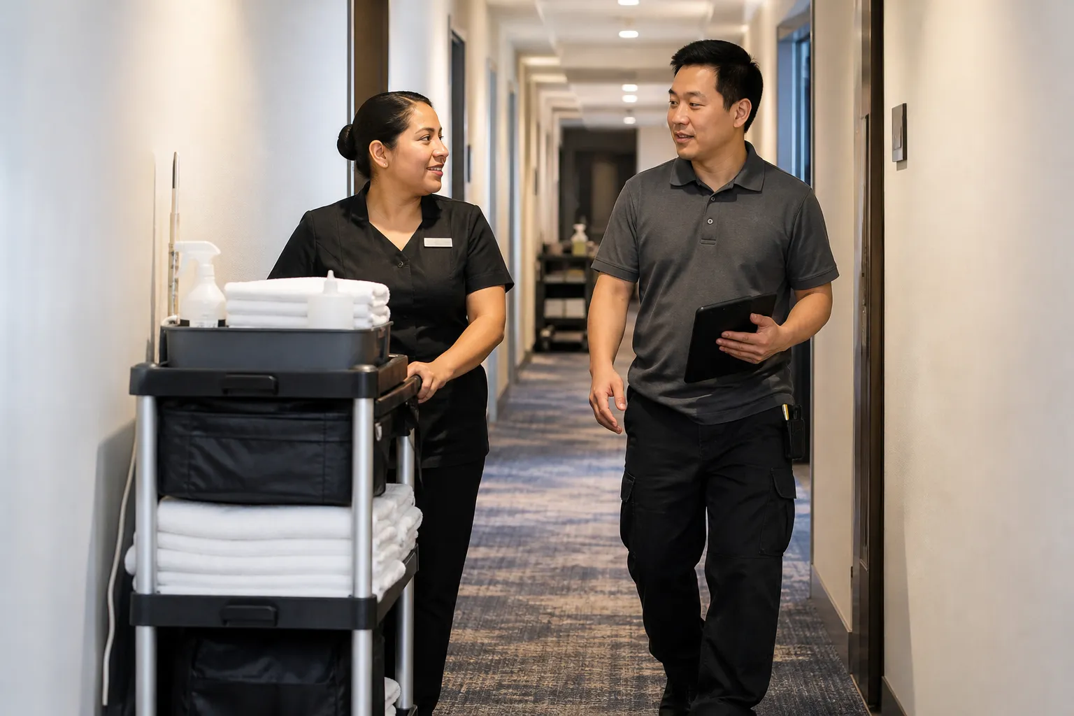 A bright hotel corridor with diverse housekeeping and maintenance members beside a linen cart, no hotel name or logo.