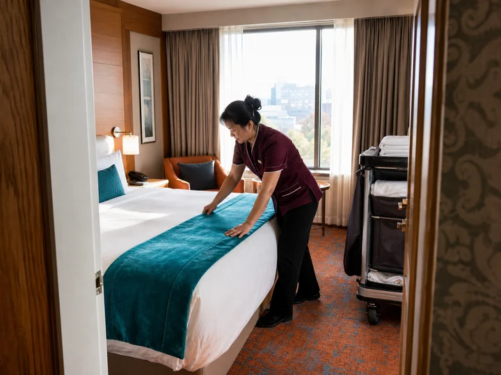 A hotel room attendant preparing a guest room.