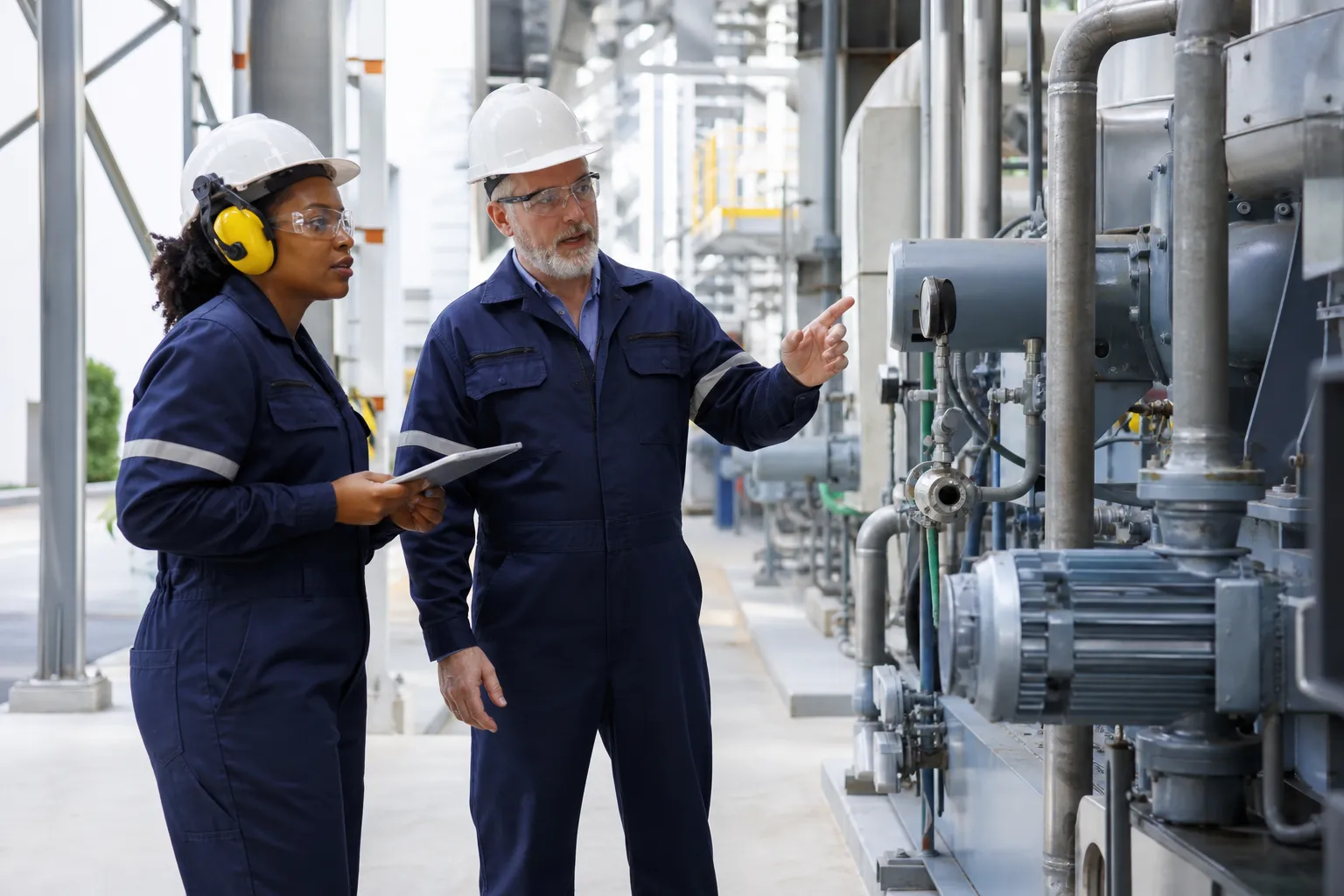 Diverse industrial maintenance members in hard hats and hearing protection inspecting generic machinery in a well-lit plant aisle.