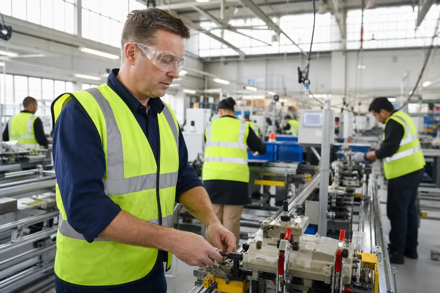 A diverse group of manufacturing workers in high-visibility vests and safety glasses standing at a generic production line in a bright plant.