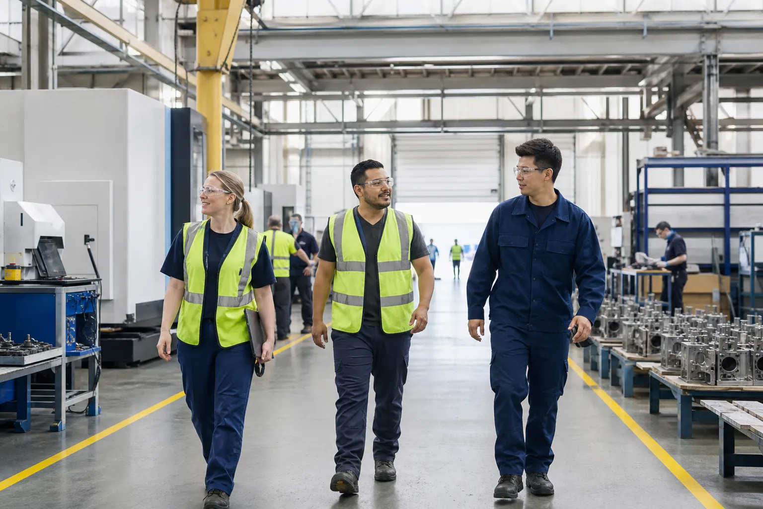 A bright, clean manufacturing aisle with diverse production and skilled-trades members walking between generic machines.