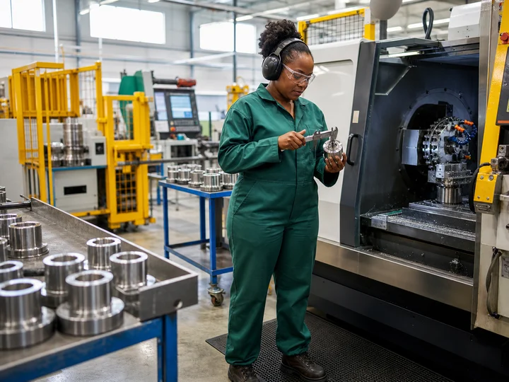 A machine operator inspecting a manufactured component on a production floor.