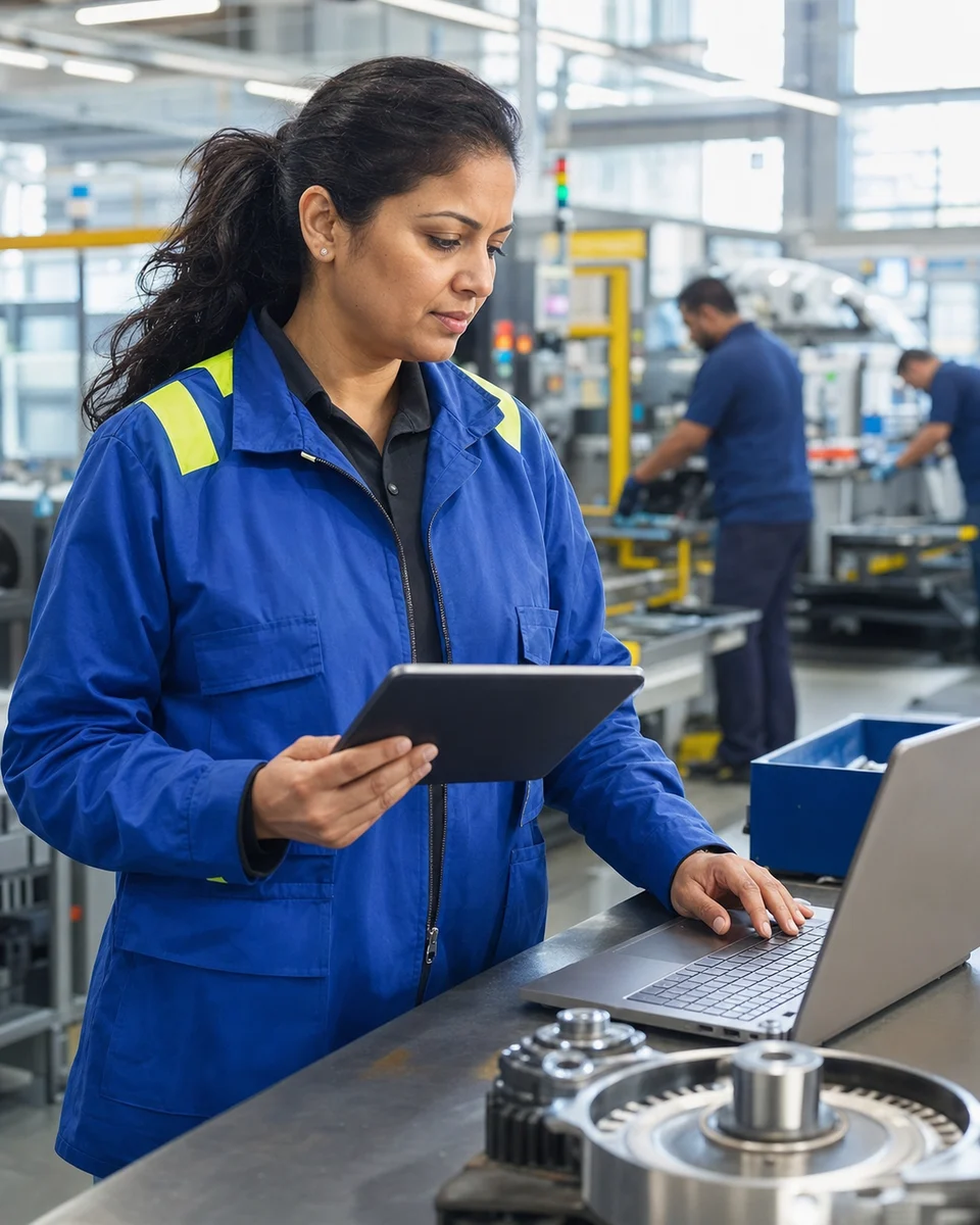A private-sector union representative using a tablet and laptop on a manufacturing floor.
