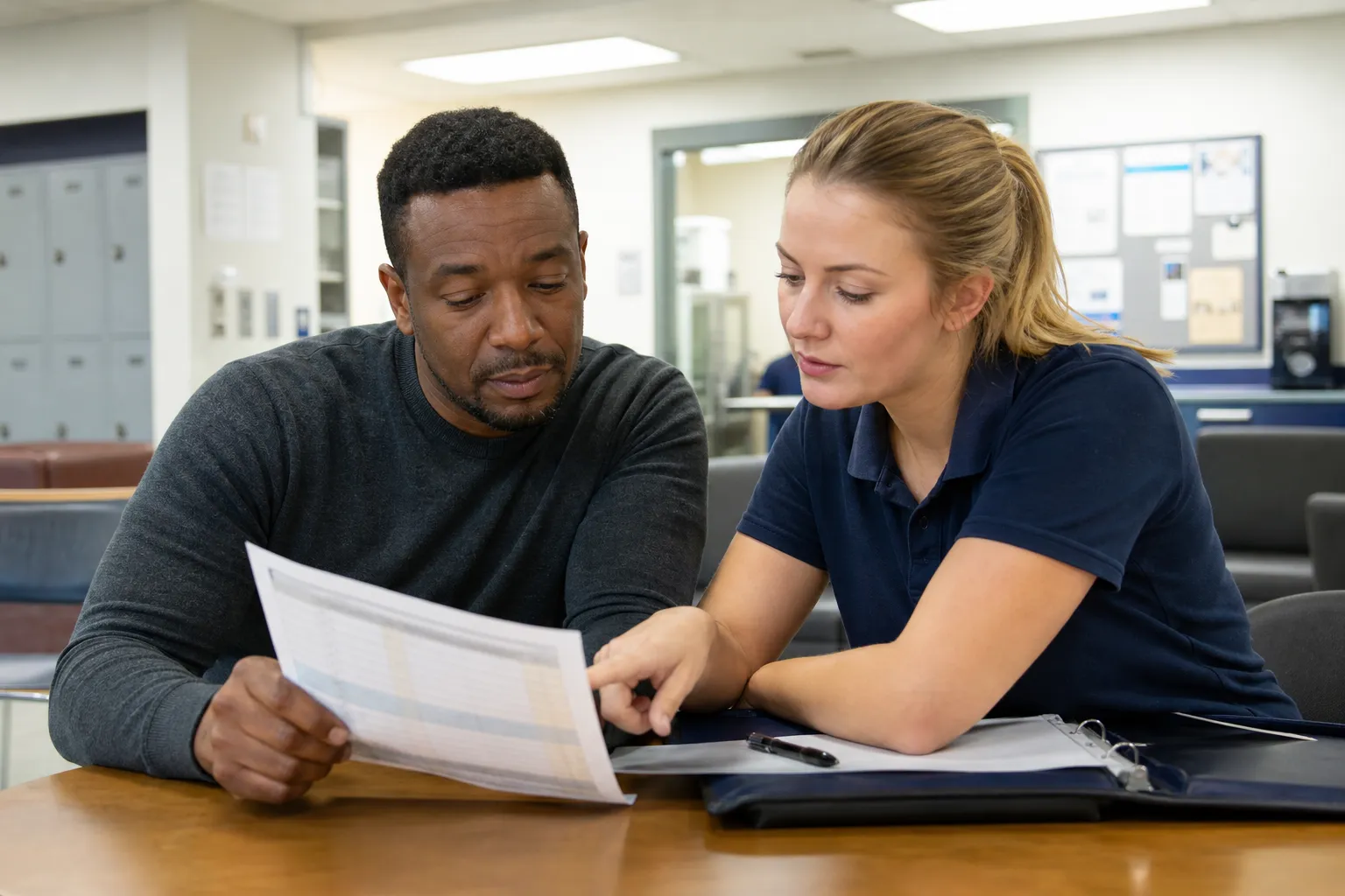 A steward and a retail member reviewing a schedule printout at a bright staff-room table in a generic store back room.