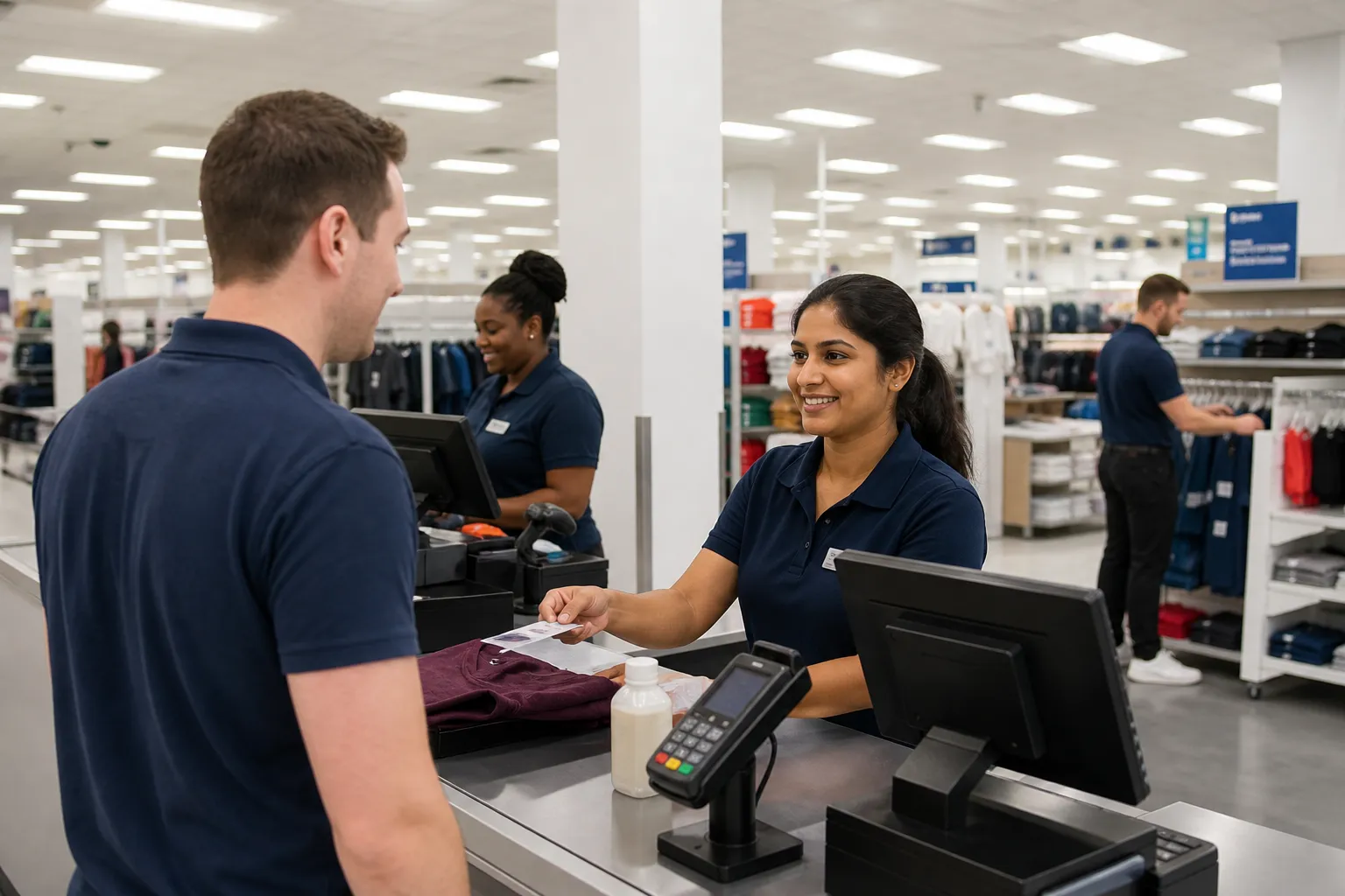 A bright retail sales floor with diverse workers at generic checkouts and a restocking cart, no store branding.