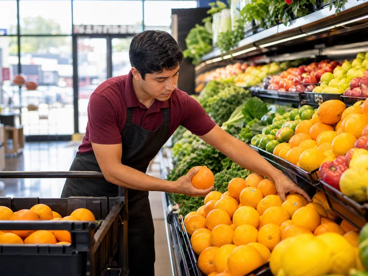 A grocery worker restocking fresh produce in a bright store.