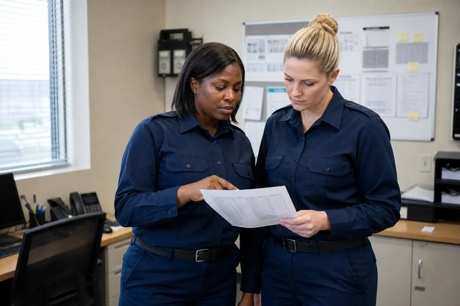 Diverse security members in plain navy uniforms reviewing a post-assignment sheet in a bright, unbranded site office.