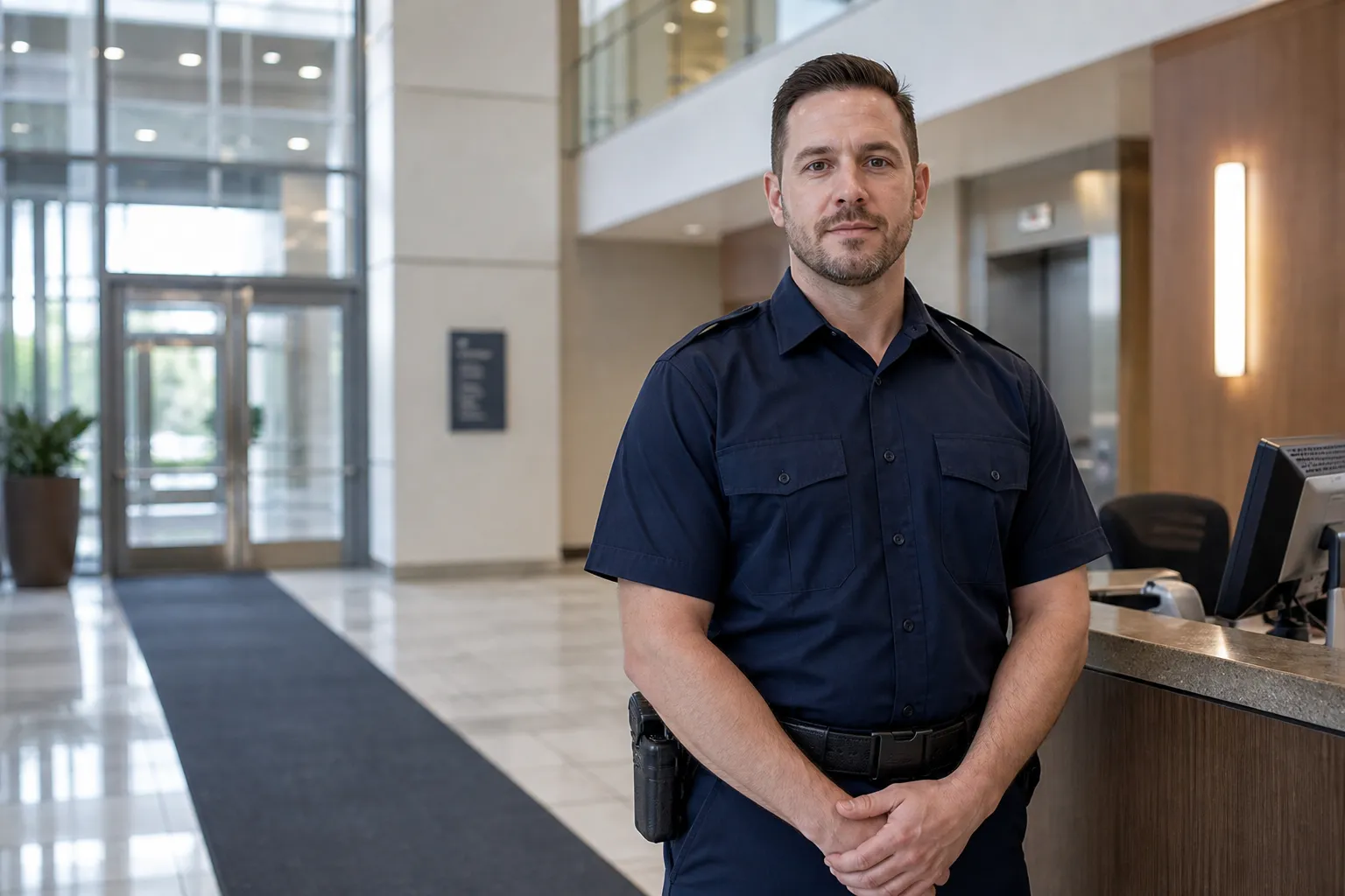 A diverse security member in a plain, unbranded dark-navy uniform standing at a bright building lobby desk, no company crest.
