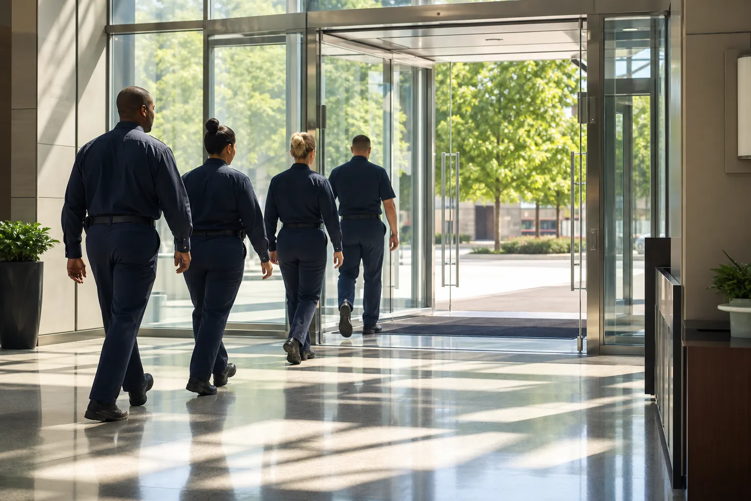 A bright building entrance with diverse security members in plain navy uniforms at an unbranded reception desk.