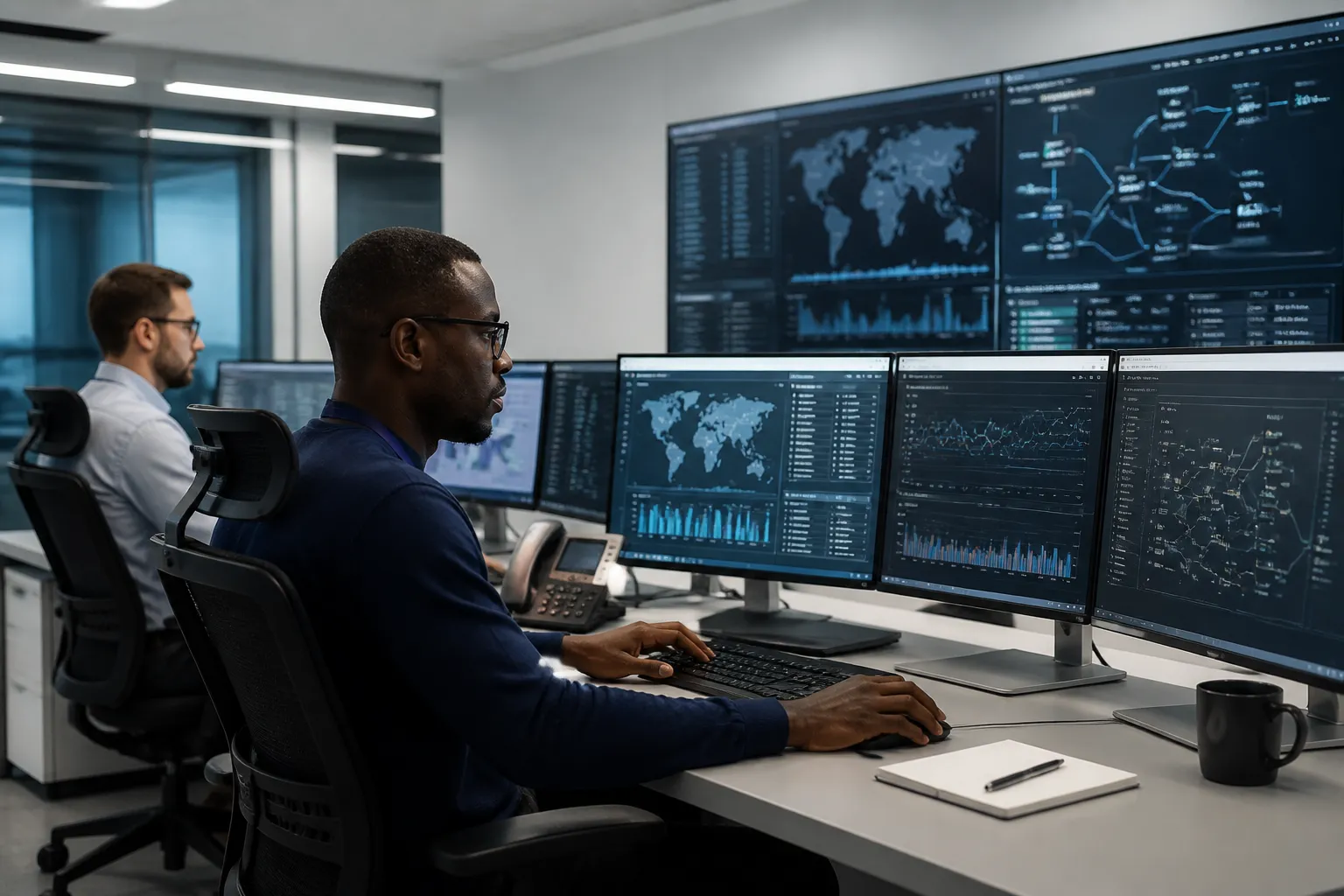 Diverse contact-centre and technical members at bright workstations in an unbranded operations room.