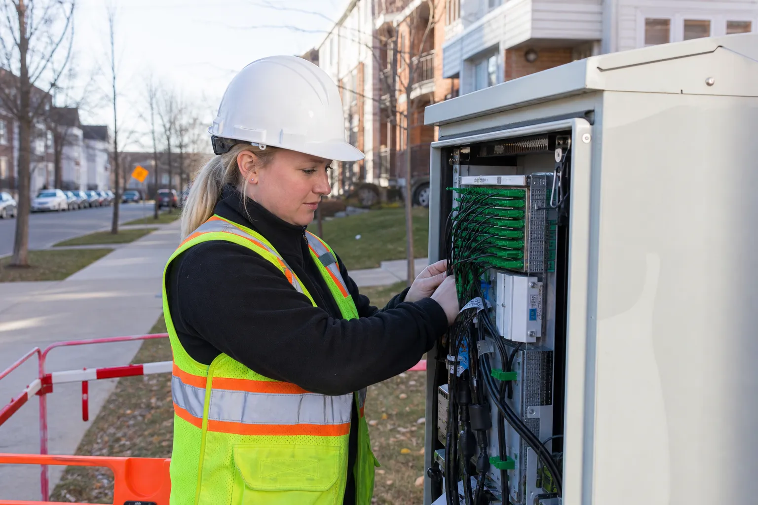 A diverse field technician in a plain hard hat and safety vest working at a generic outdoor cabinet on a bright residential street, no carrier branding.