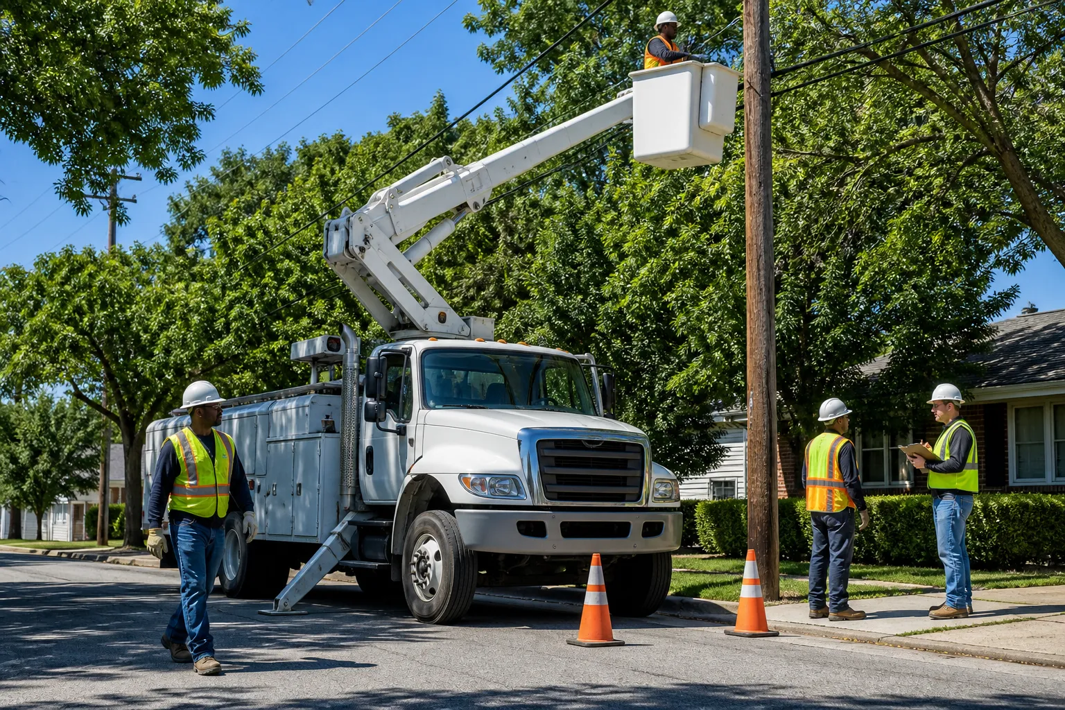 A bright suburban street with diverse field technicians at a generic cabinet and bucket truck, no carrier logos.